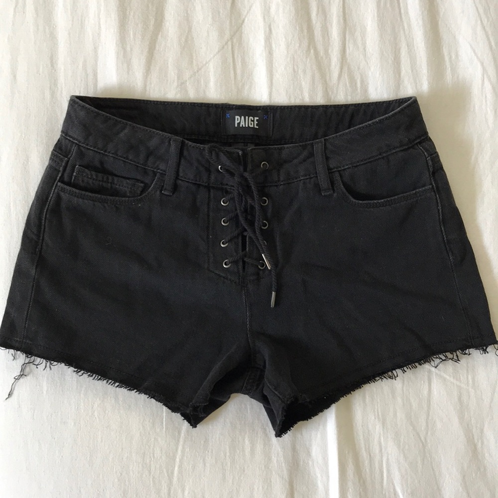PAIGE lace-up black denim short